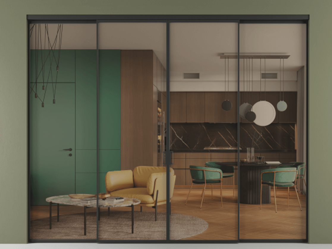 Перегородка Formato внутри проёма четырёхстворчатая АЛПР 040.01 Алюминий Черный Прозрачное бронзовое стекло, триплекс, 6 мм. Скрытый короб ЧЕР Цена 339600 ₽ 1. Полотно 4 шт.  (800/2100 мм)
2. Комплект установки раздвижной системы
3. Базовый комплект фурнитуры
4.Ручка RONDO. Фабрика дверей Волховец 8 (800) 551 43 19  Перегородка Formato внутри проёма четырёхстворчатая АЛПР 040.01 Алюминий Черный Прозрачное бронзовое стекло, триплекс, 6 мм Цена 339600 ₽  | Volhovec