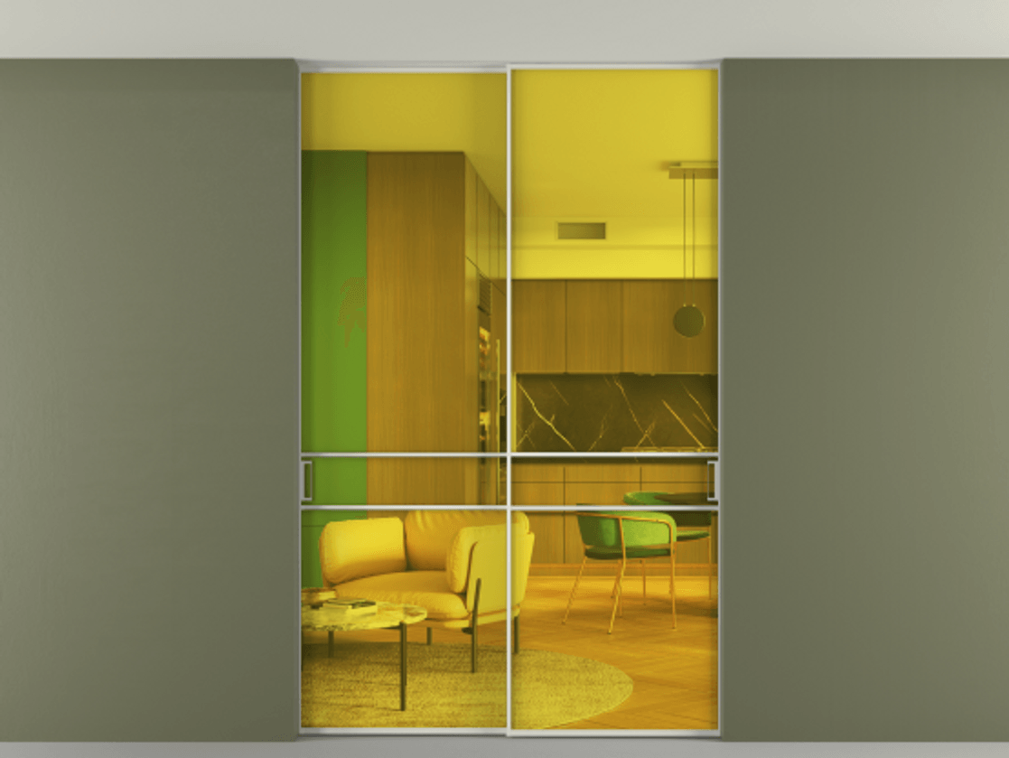 Перегородка Формато внутри проёма скрытое крепление в потолок 2 створки АЛПР 040.02 Алюминий Белый Прозрачное жёлтое стекло, триплекс Цена 242275 ₽ | Volhovec