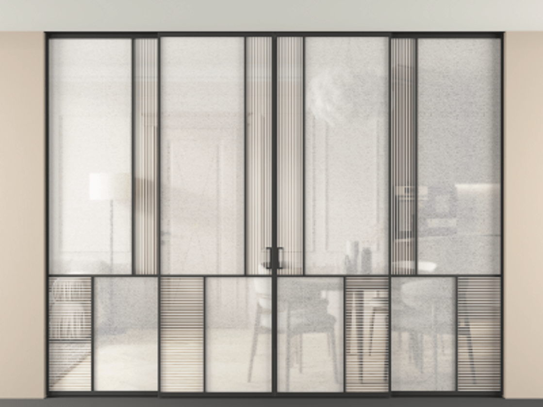 Перегородка Мозаик внутри проёма скрытое крепление в потолок 4 створки АЛПР 041.20 Алюминий Черный Рифлёное стекло "Дюна", триплекс, 6 мм + Фактурное стекло "Лёд", триплекс. Скрытый короб ЧЕР Цена 606140 ₽ . Фабрика дверей Волховец 8 (800) 551 43 19 Перегородка Мозаик внутри проёма скрытое крепление в потолок 4 створки АЛПР 041.20 Алюминий Черный Рифлёное стекло "Дюна", триплекс, 6 мм + Фактурное стекло "Лёд", триплекс Цена 606140 ₽ | Volhovec