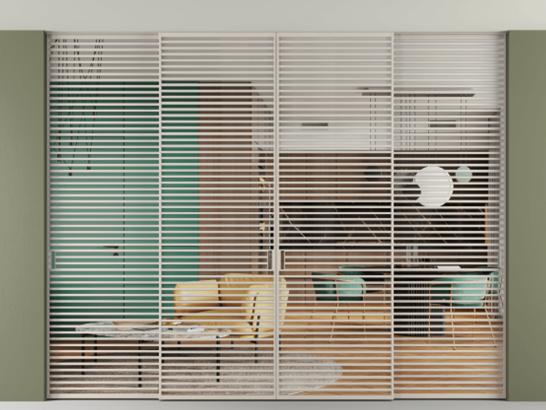 Перегородка Formato внутри проёма четырёхстворчатая со скрытым креплением в потолок АЛПР 040.07 Алюминий светло-бежевый Прозрачное стекло "Crystal Vision", калёное, 6 мм.  Цена 931680 ₽ 1. Полотно 4 шт. (800/2100 мм)
 2. Комплект установки раздвижной системы
 3. Базовый комплект фурнитуры
4.Ручка RONDO. Фабрика дверей Волховец 8 (800) 551 43 19  Перегородка Formato внутри проёма четырёхстворчатая со скрытым креплением в потолок АЛПР 040.07 Алюминий светло-бежевый Прозрачное стекло "Crystal Vision", калёное, 6 мм Цена 931680 ₽ | Volhovec