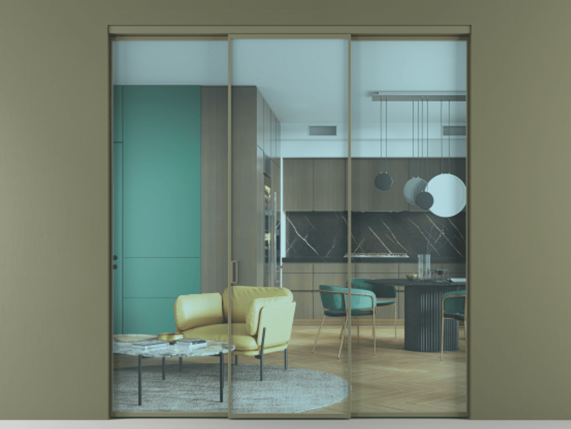 Перегородка Формато внутри проёма 3 створки АЛПР 040.01 Алюминий оливковый тёмный Прозрачное голубое стекло, триплекс Цена 225125 ₽ | Volhovec