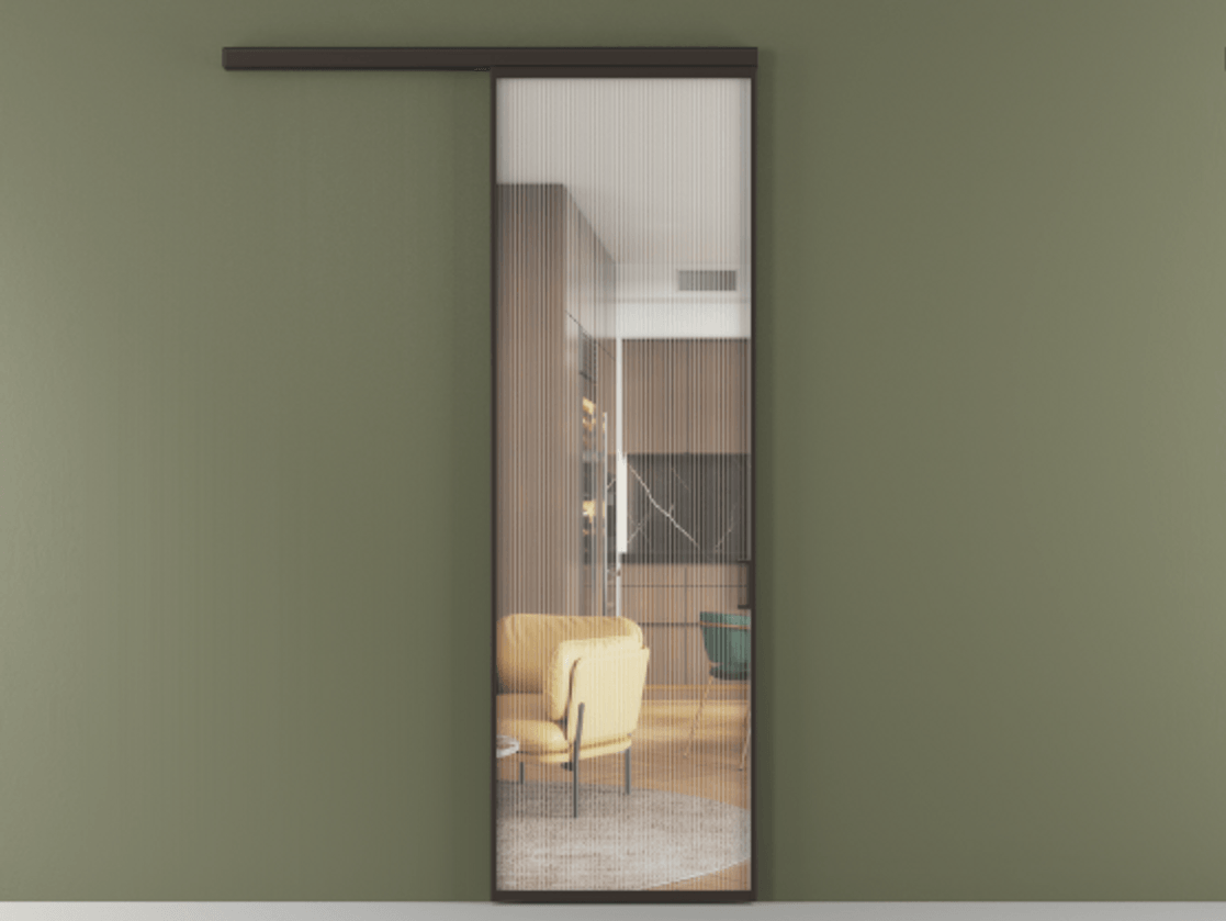 Перегородка Formato вдоль стены одностворчатая АЛПР 040.01 Алюминий антрацит Рифлёное стекло "Moru", триплекс, 8 мм.  Цена 117000 ₽ 1. Полотно (800/2100 мм)
2. Комплект установки раздвижной системы
3. Базовый комплект фурнитуры
4.Ручка RONDO
. Фабрика дверей Волховец 8 (800) 551 43 19  Перегородка Formato вдоль стены одностворчатая АЛПР 040.01 Алюминий антрацит Рифлёное стекло "Moru", триплекс, 8 мм Цена 117000 ₽  | Volhovec