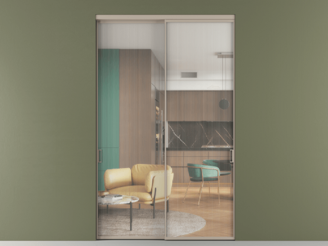 Перегородка Formato внутри проёма двустворчатая АЛПР 040.01 Алюминий бисквитный Рифлёное стекло "Moru", триплекс, 8 мм.  Цена 202900 ₽ 1. Полотно 2 шт.  (800/2100 мм)
2. Комплект установки раздвижной системы
3. Базовый комплект фурнитуры
4.Ручка RONDO. Фабрика дверей Волховец 8 (800) 551 43 19  Перегородка Formato внутри проёма двустворчатая АЛПР 040.01 Алюминий бисквитный Рифлёное стекло "Moru", триплекс, 8 мм Цена 202900 ₽  | Volhovec