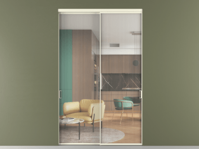 Алюминевая перегородка АЛПР 040.01_АМБ_Moru_new. Цвет Алюминий молочно-белый. Материал Алюминий в эмали. Коллекция Перегородка Formato внутри проёма двустворчатая. Картинка.