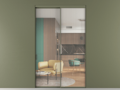 Алюминевая перегородка АЛПР 040.01_АОТ_Moru_new. Цвет Алюминий оливковый тёмный. Материал Алюминий в эмали. Коллекция Перегородка Formato внутри проёма двустворчатая. Картинка.