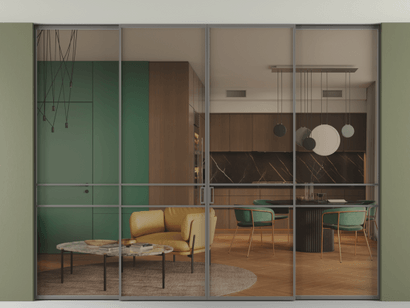 Алюминевая перегородка АЛПР 040.02_АКЛС_Бронза триплекс_new. Цвет Алюминий классический серый. Материал Алюминий в эмали. Коллекция Перегородка Formato внутри проёма четырёхстворчатая со скрытым креплением в потолок. Картинка.