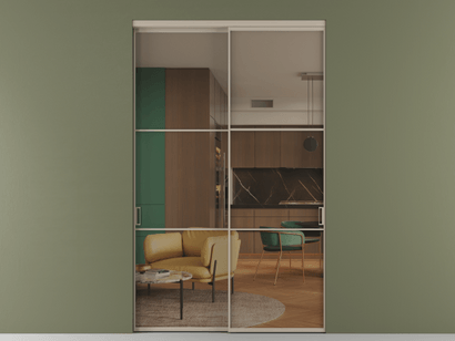 Алюминевая перегородка АЛПР 040.03_АБСК_Бронза триплекс_new. Цвет Алюминий бисквитный. Материал Алюминий в эмали. Коллекция Перегородка Formato внутри проёма двустворчатая. Картинка.