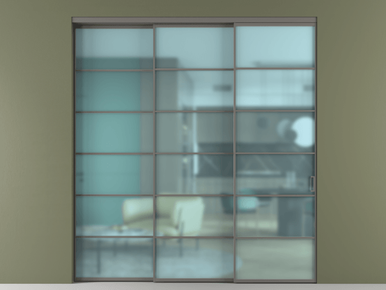 Алюминевая перегородка АЛПР 040.04_АКЛС_САТ ГОЛ_new. Цвет Алюминий классический серый. Материал Алюминий в эмали. Коллекция Перегородка Формато внутри проёма 3 створки с синхронным механизмом. Картинка.