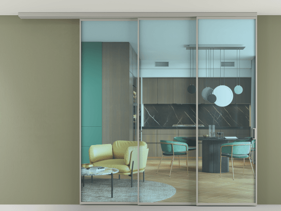 Алюминевая перегородка АЛПР 040.01_АНСР_ПРОЗ ГОЛ_new. Цвет Алюминий нейтральный серый. Материал Алюминий в эмали. Коллекция Перегородка Формато вдоль стены на потолок 3 створки с синхронным механизмом. Картинка.