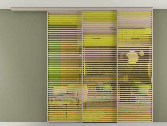 Алюминевая перегородка АЛПР 040.07_АБСК_ПРОЗ ЖЕЛ_new. Цвет Алюминий бисквитный. Материал Алюминий в эмали. Коллекция Перегородка Formato вдоль стены на потолок 3 створки с синхронным механизмом. Картинка.