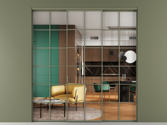 Алюминевая перегородка АЛПР 040.05_АОТ_Crystalvision_new. Цвет Алюминий оливковый тёмный. Материал Алюминий в эмали. Коллекция Перегородка Formato внутри проёма 3 створки. Картинка.