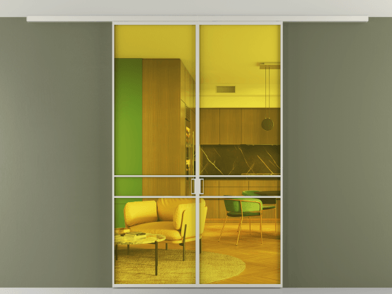 Алюминевая перегородка vd2_02 Алюминий тёплый серый Прозрачное жёлтое стекло, триплекс, 6мм. Цвет Алюминий тёплый серый. Материал Алюминий в эмали. Коллекция Перегородка Formato вдоль стены на потолок 2 створки. Картинка.